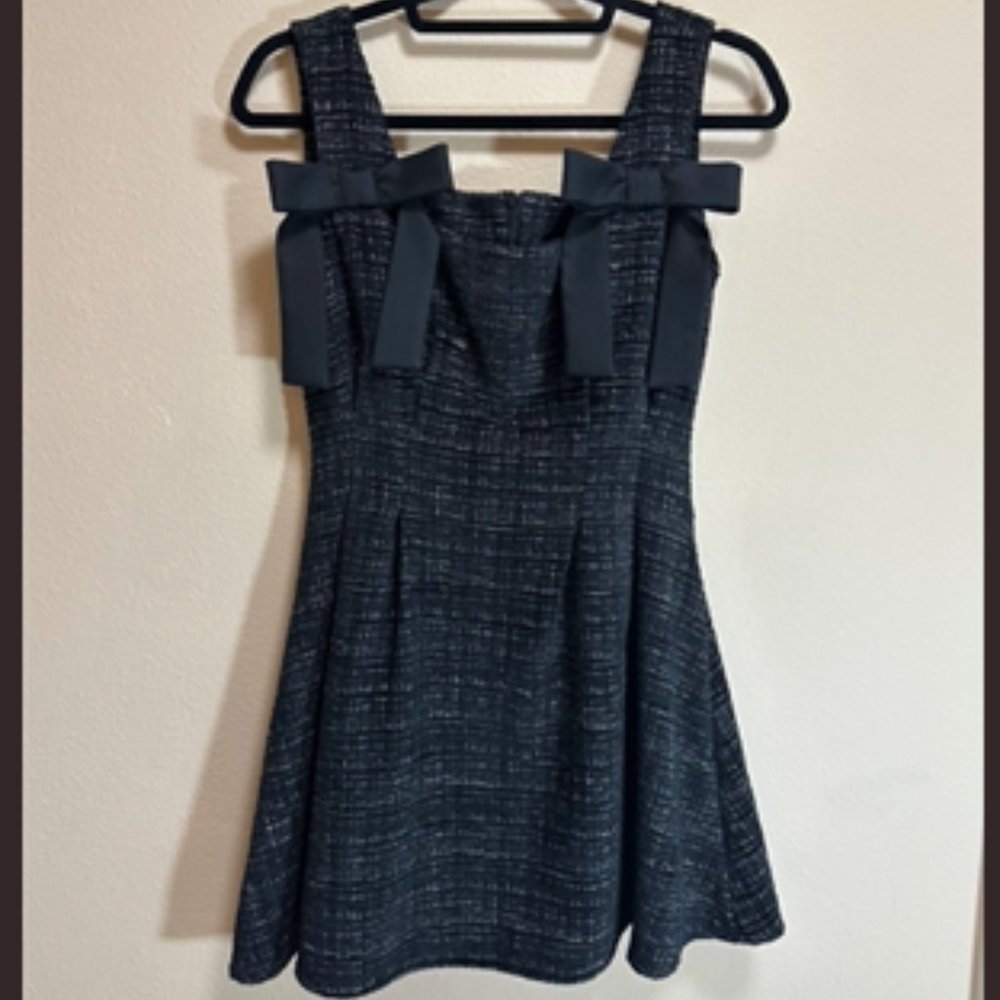 Tweed Squareneck Sleeveless Black and White Ribbon Detail Dress